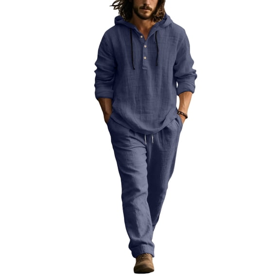 Fabrcox Men Linen Sets Outfits 2 Piece Button Down Linen Shirts with Hood and Beach Pants Relaxed Fit Travel Casual Lounge Set Men XL