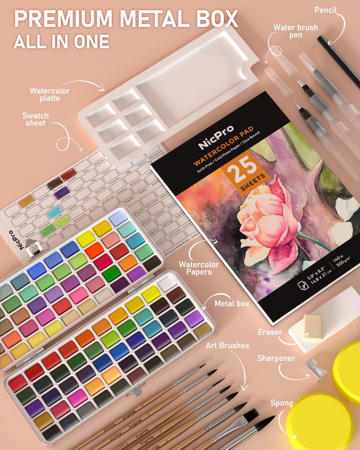 Nicpro 100 Colors Watercolor Paint Set Include Metallic Macaron & Fluorescent, 8 Squirrel Painting Brushes, 25 Water Color Paper, Palette, Art Supplies Kit