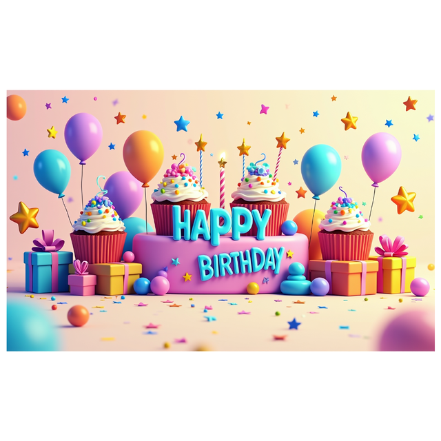 Birthday Celebration Backdrop Banner with Colorful Cupcake Balloon Decorations Perfect for Parties Events Photography Festive Occasions Vibrant Background Display