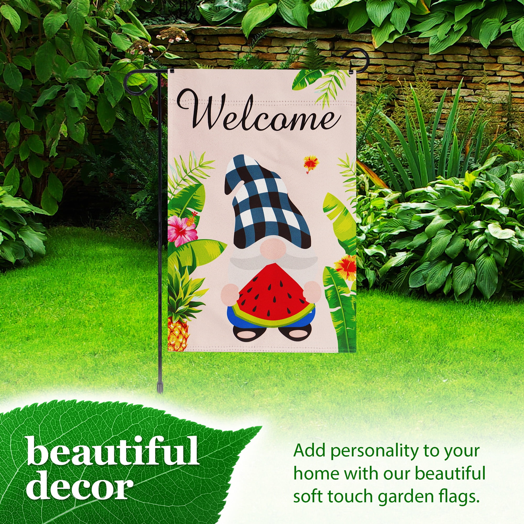 G128 Combo Pack: Garden Flag Stand Black 36 in x 16 in & Garden Flag Summer Decoration Welcome Gnome with Watermelon Slice 12"x18" Double-Sided Blockout Fabric