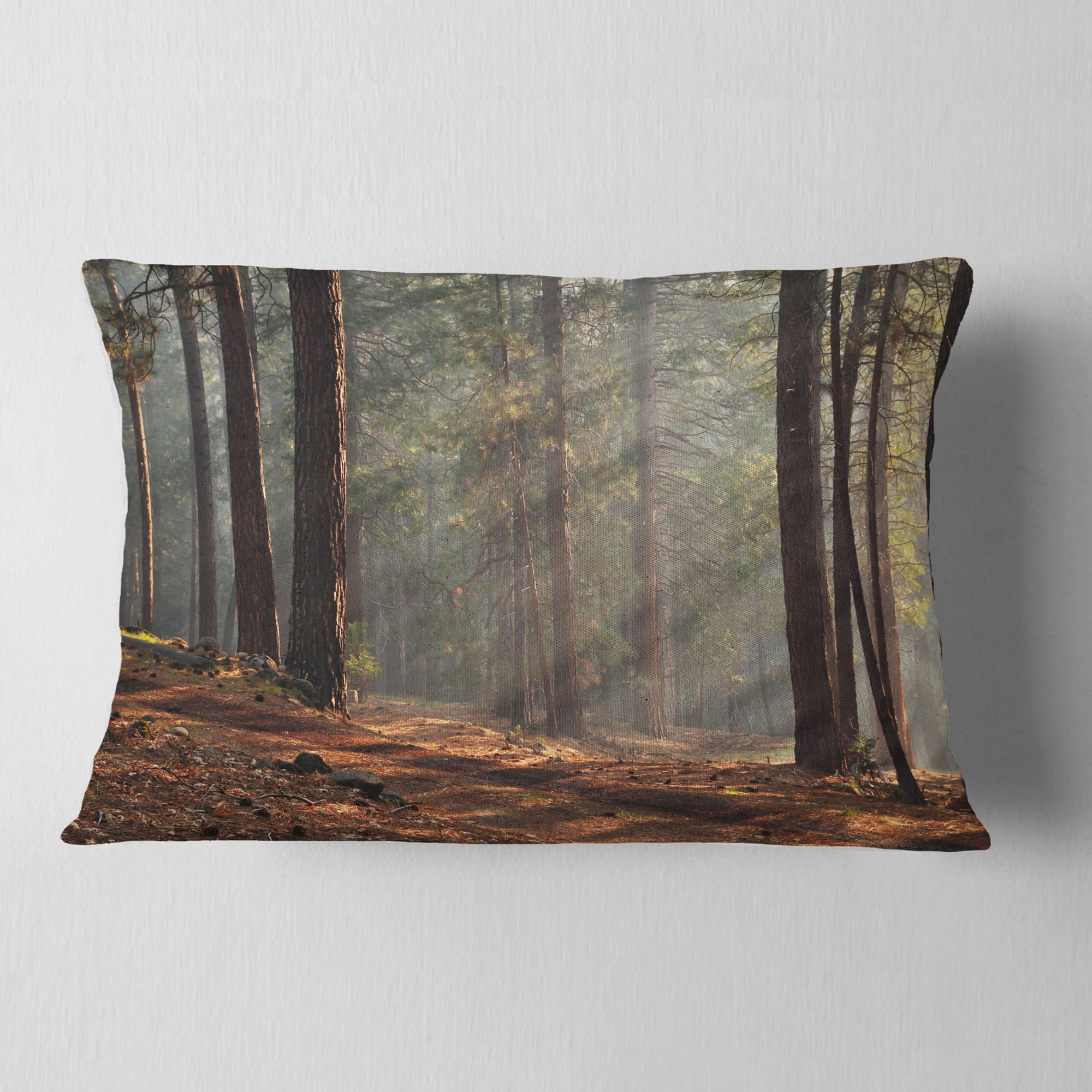 Designart Rays of Sun in Dense Forest - Landscape Photo Throw Pillow - 12x20