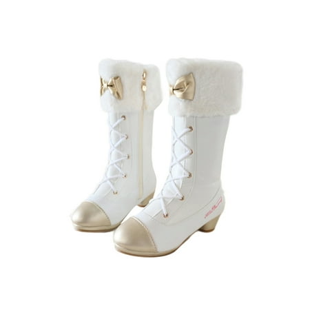 

Difumos Kids Nonslip Block Heel Winter Boots Comfort Plush Lining Outdoor Lolita Tall Booties White 12C