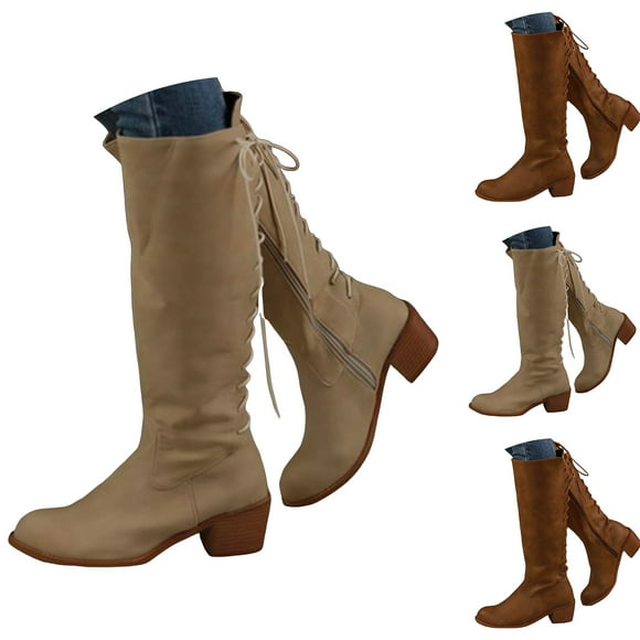 Dakaela Women's Fashion Knee High Boots Western Cowboy Wide Calf Riding Boot Round Toe Low Block Heel Tall Boots Beige Size 9