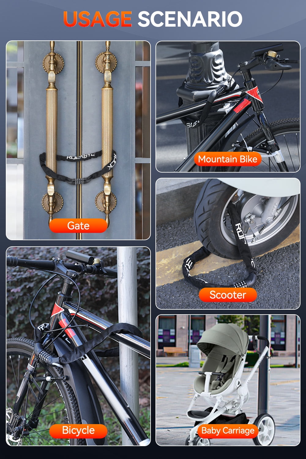 Bicycle Lock,Anti Theft Chain Lock 5 Digit Combination High Security Anti-theft Bicycle Chain Lock - 3.3 Ft Heavy Duty Keyless Bicycle Lock for Motorcycles, Scooters, Doors and Gates - 6mm T