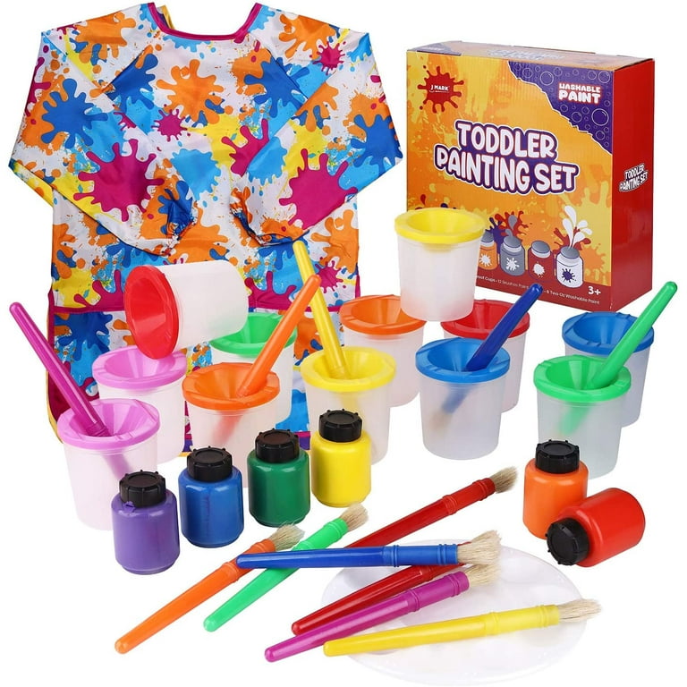 Kids and Toddlers Painting Set - 32 Piece Paint Set with Washable Water Based Tempera Paint, Spill Proof Paint Cups, Brushes, Art Smock, Mixing