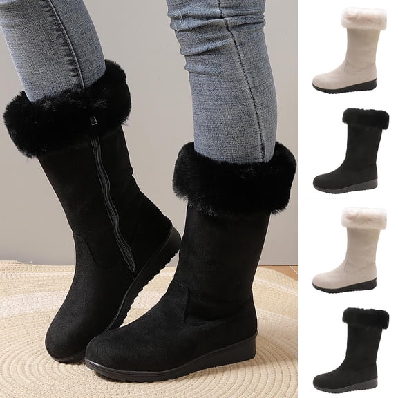 Women Plus Size Warm Fleece Lined Mid Calf Winter Boots Fluffy Plush Collar Round Toe Comfort Side Zipper Low Block Heel Booties Cold Weather Footwear for Ladies Black 9.5(43)