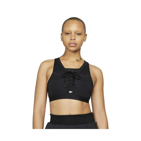Nike Dri-FIT Swoosh Air Force 1 Medium-Support Laced Sports Bra Womens Active Underwears Size L, Color: Black/Black