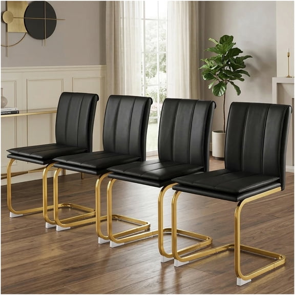 COSMOS Modern Dining Chairs Set of 4, Black PU Leather Upholstered Side Chairs with Golden Metal Legs, Comfortable Kitchen & Office Accent Chairs