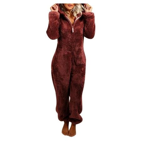 

Tangnade Womens Jumpsuit Women Long Sleeve Hooded Jumpsuit Pajamas Casual Winter Warm Rompe Sleepwear Wine M
