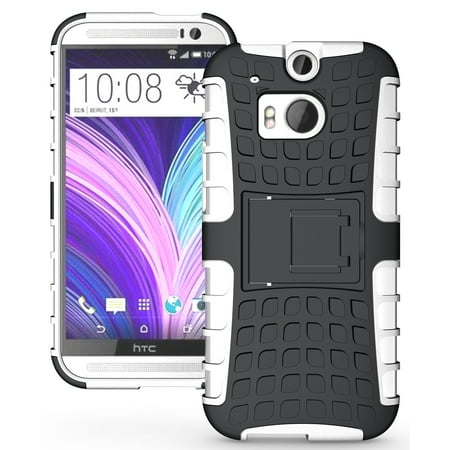 NAKEDCELLPHONE WHITE GRENADE GRIP RUGGED TPU SKIN HARD CASE COVER STAND FOR HTC ONE M8 2014  (AT&T, T-Mobile, Sprint, Verizon,