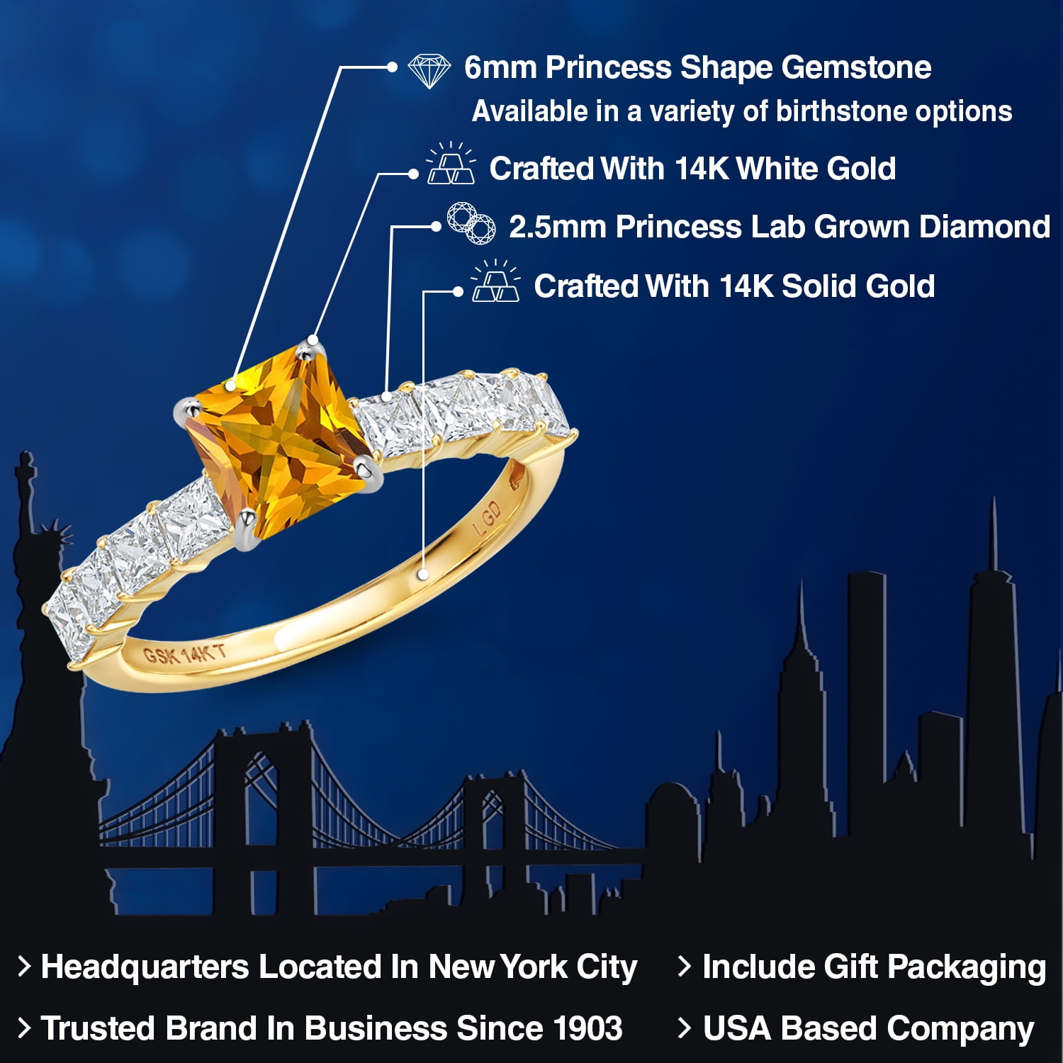 Gem Stone King 14K White And Yellow Gold Yellow Citrine and Lab Grown Diamond Engagement Ring for Women | 1.96 Cttw | Princess 6MM | Gemstone November Birthstone | Size 8