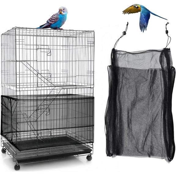 Bird Cage Seed Catcher, Adjustable Bird Cage Skirt, Soft and Airy Mesh Netting Cover for Pets Parrot Parakeet Macaw, Multiple Sizes Colors Fit for Round Square Cages (White,