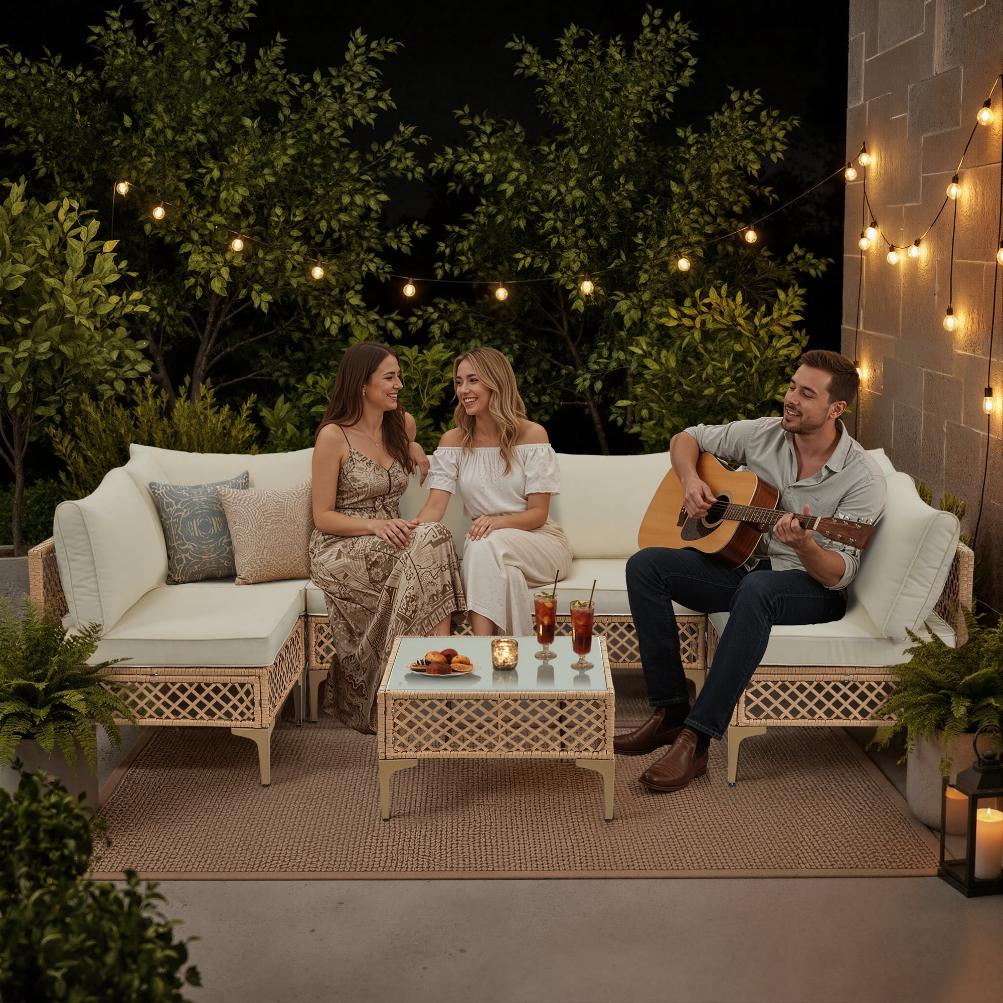 FHFO 7-Piece Patio Furniture with Tea Table,Rattan Wicker Outdoor Sectional Furniture Sofa Conversation Set,Bohemian Style Courtyard Dialogue Set, for Backyard Poolside Porch Garden, Yellow/Beige