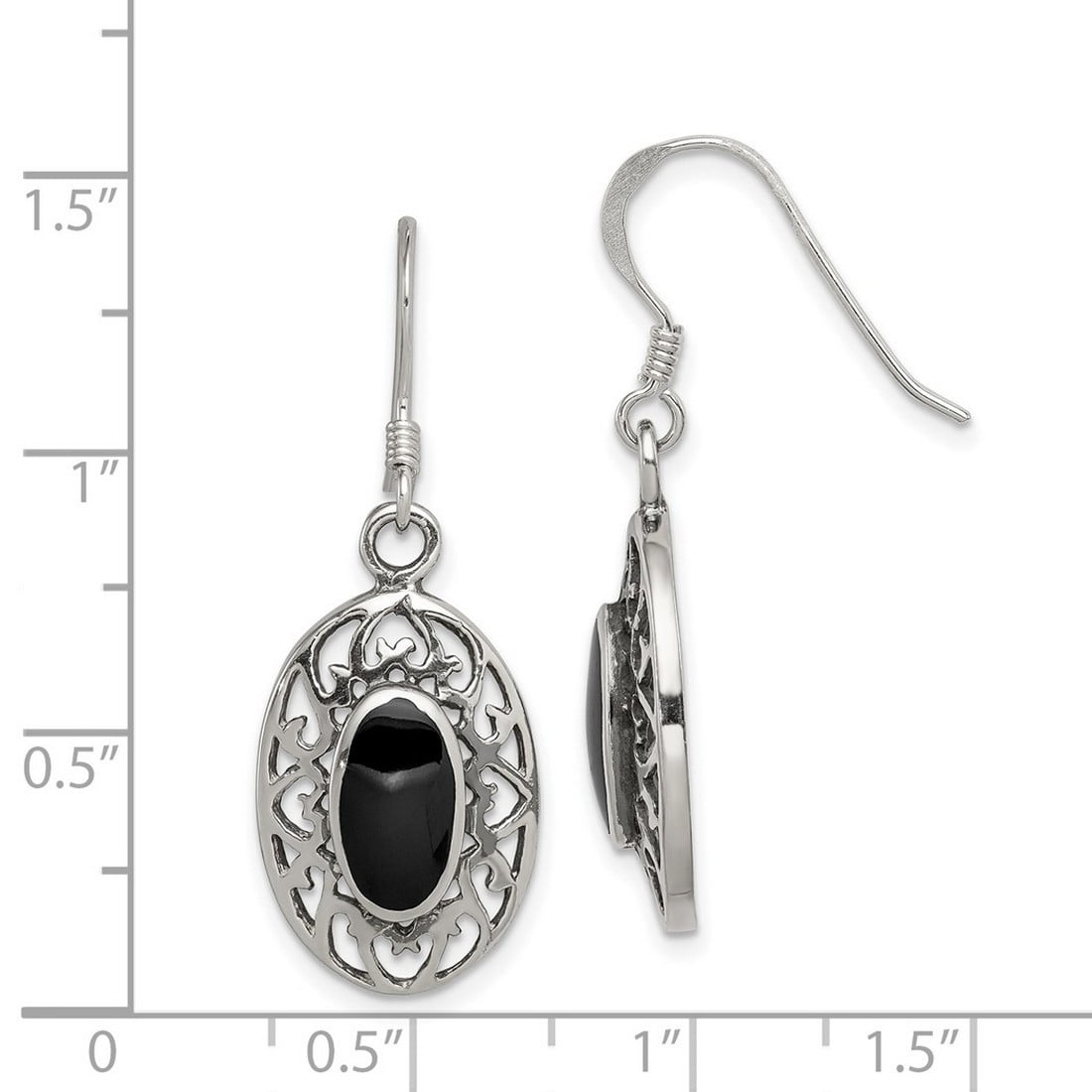 925 Sterling Silver Oval Simulated Onyx Shepherd Hook Oxidized Earrings 33x13mm Wide Dangle Earring for Women