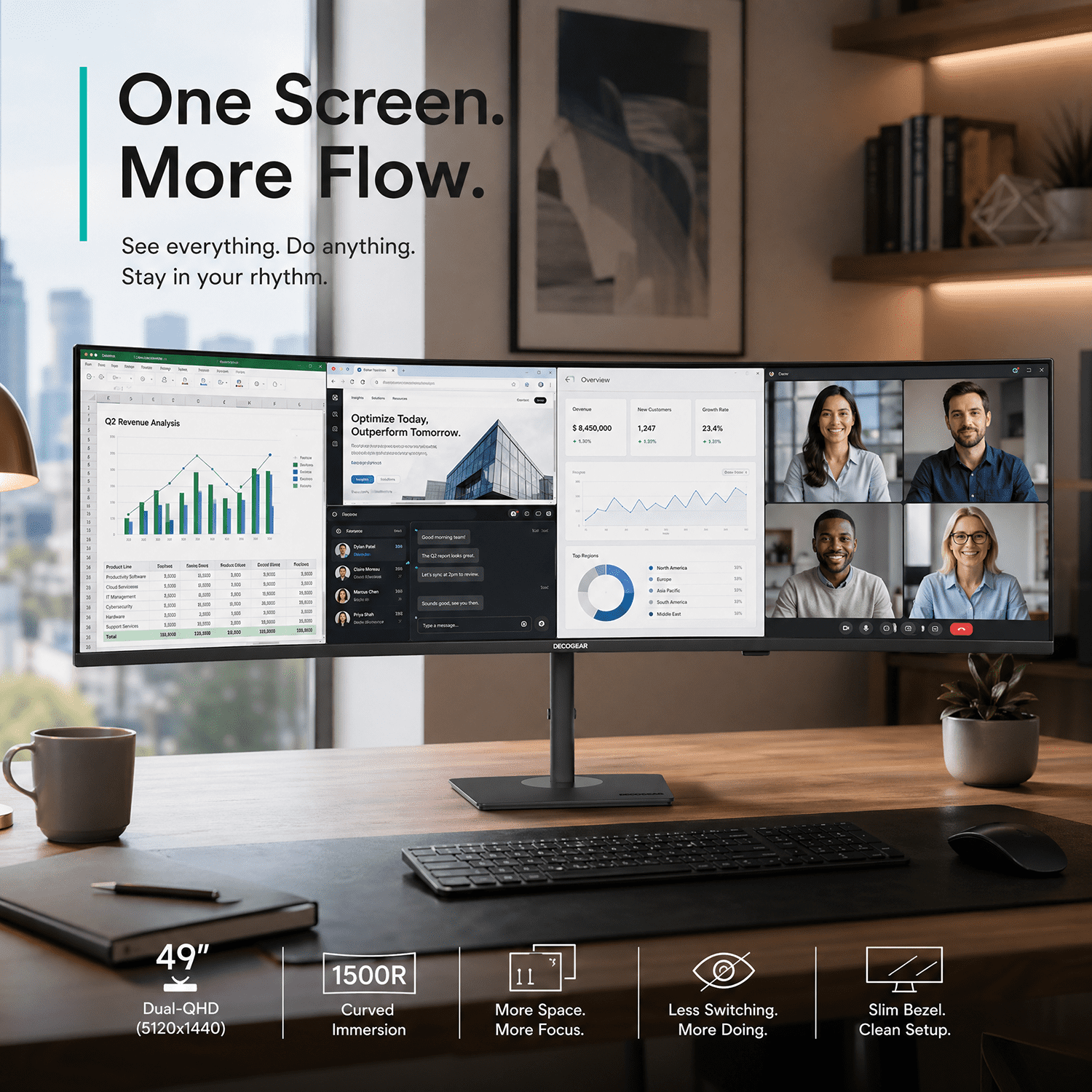 Deco Gear 49" Curved Ultrawide DQHD Monitor, 5120×1440, 165Hz, 1ms MPRT, 32:9, 1500R, HDR, Adaptive Sync, USB-C, HDMI 2.1, DisplayPort 1.4, PIP/PBP, RGB Lighting