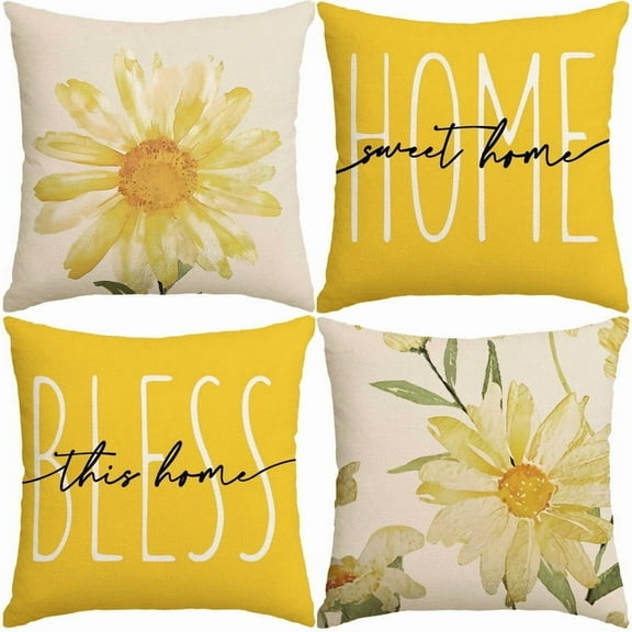 Flowers Yellow Pillow Covers 18x18 Inch Set of 4,Linen Decorative Pillow Covers,Spring Floral Pillow Covers Set for Sofa Bed Couch