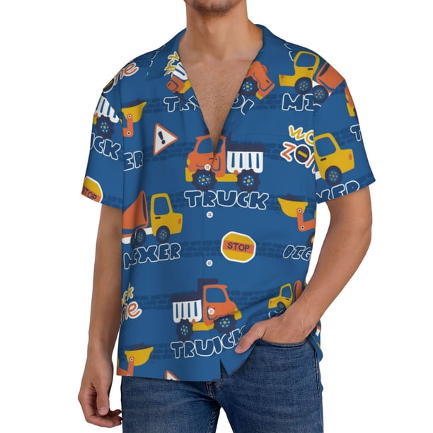 Fotbe Construction Vehicles Camisa Estampada de Manga Corta para Hombre, Casual de Verano, Estilo Playero, Sin Arrugas-Small
