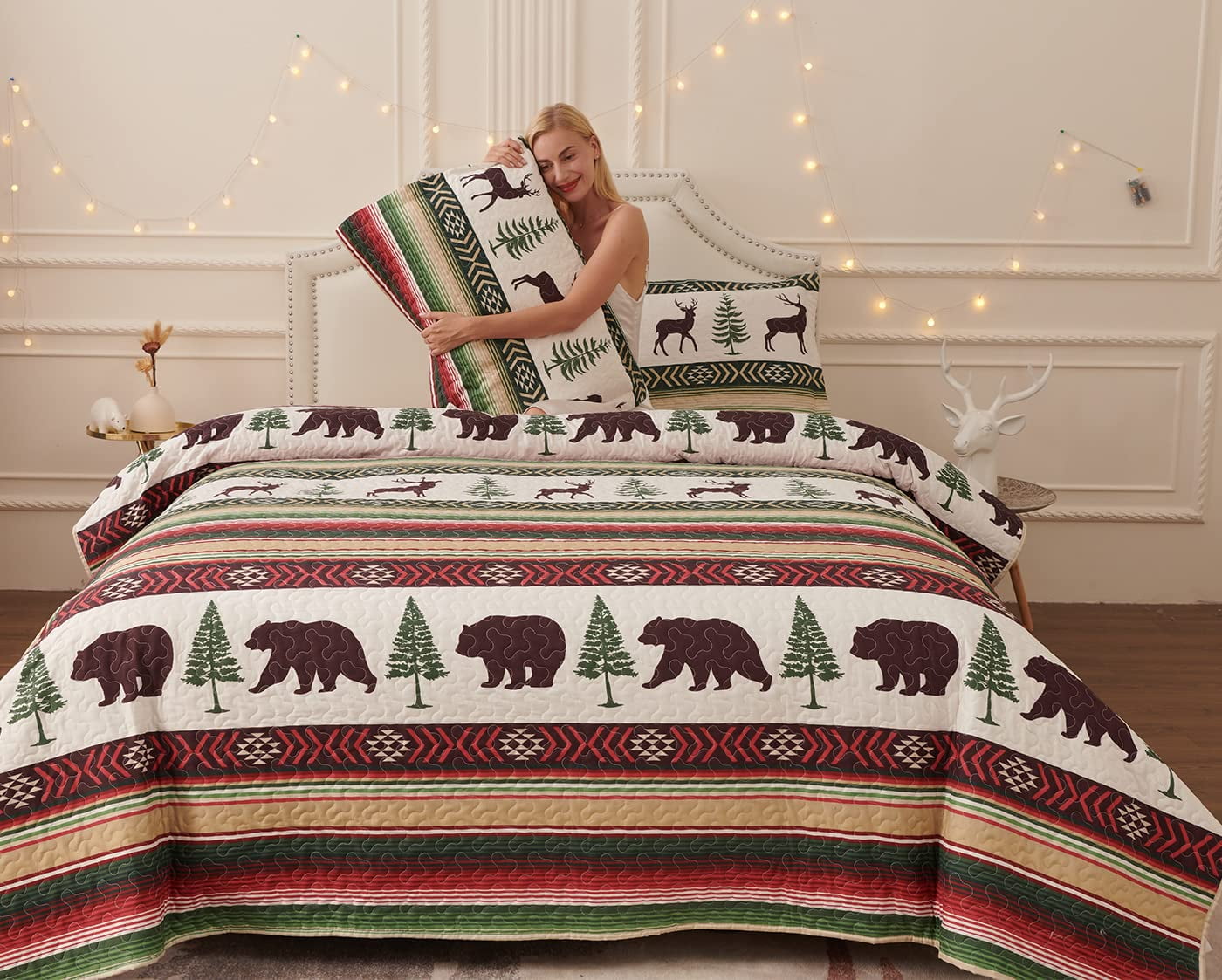 Beartech Quilt Set Queen Size Moose Bear Red Green Stripe Quilt Lightweight Reversible Microfiber Bedspread Coverlet Bedding Set