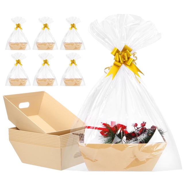 Cestas de regalo AFOROEOA Kraft, paquete de 10 unidades, con lazos y bolsas, 32 x 27 x 16,5 cm