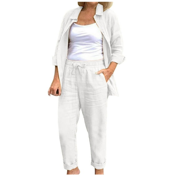 biudgviw Cotton Linen Sets for Women Lounge Lapel Long Sleeve Buttons down Blouses Comfy Long Pants 2 Piece Casual Outfits