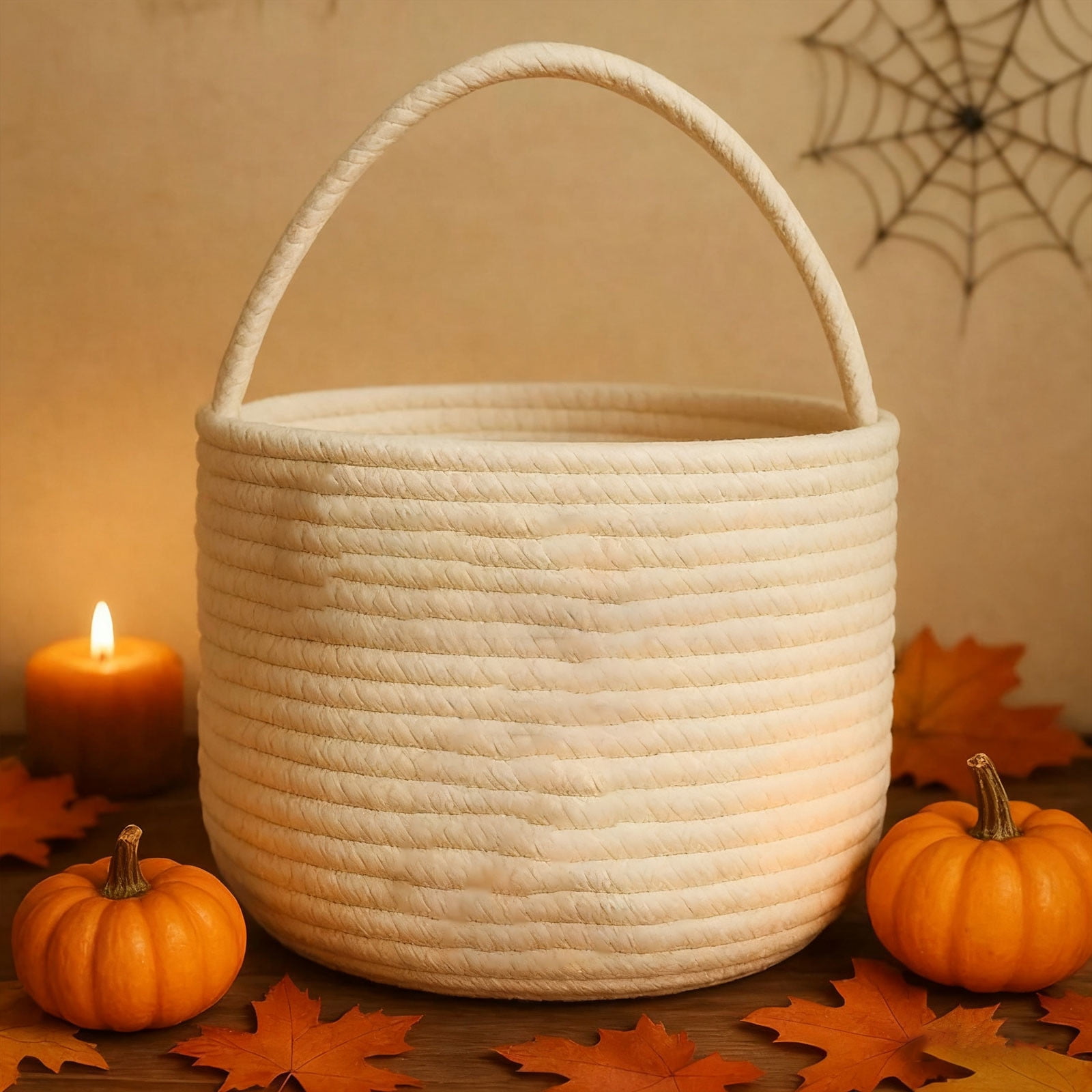 Personalized Halloween Basket – Cotton Rope Pumpkin Basket, Trick-or-Treating Candy Tote, Boo Bucket, Halloween Gifts Basket for Kids & Adults White