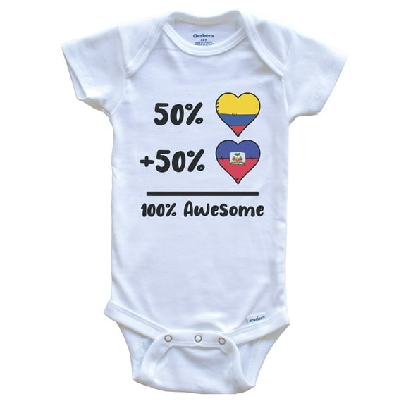 50% Colombian Plus 50% Haitian 100% Awesome Colombia Haiti Heart Flags Baby Bodysuit, 0-3 months white