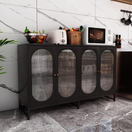 Modern Accent Sideboard Cabinet with Glass Doors, Freestanding Storage Cupboard Console Table for Kitchen Dining Living Room Hallway Office,Black