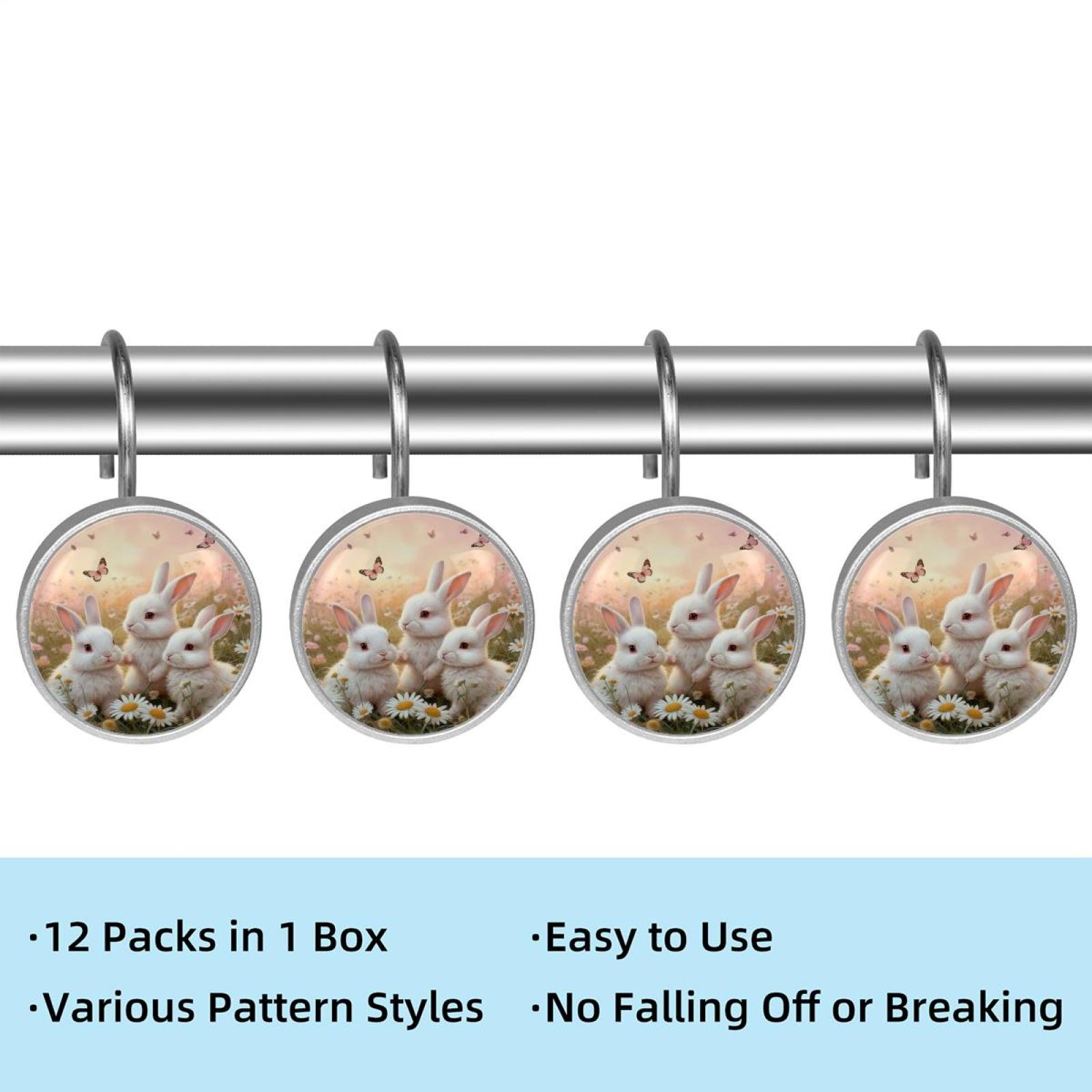 Imobaby 12 Pcs Metal Shower Curtain Hooks Rust Proof for Shower Curtain Liner - Little Rabbit Basking in the Sun