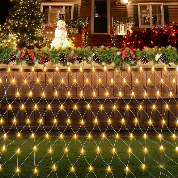 Rosnek Christmas Net Lights, 4.9x 4.9FT 96LED Bush Mesh Light Outdoor With 8 Modes Waterproof for Xmas Garden Patio Fence Yard Decor, Warm White