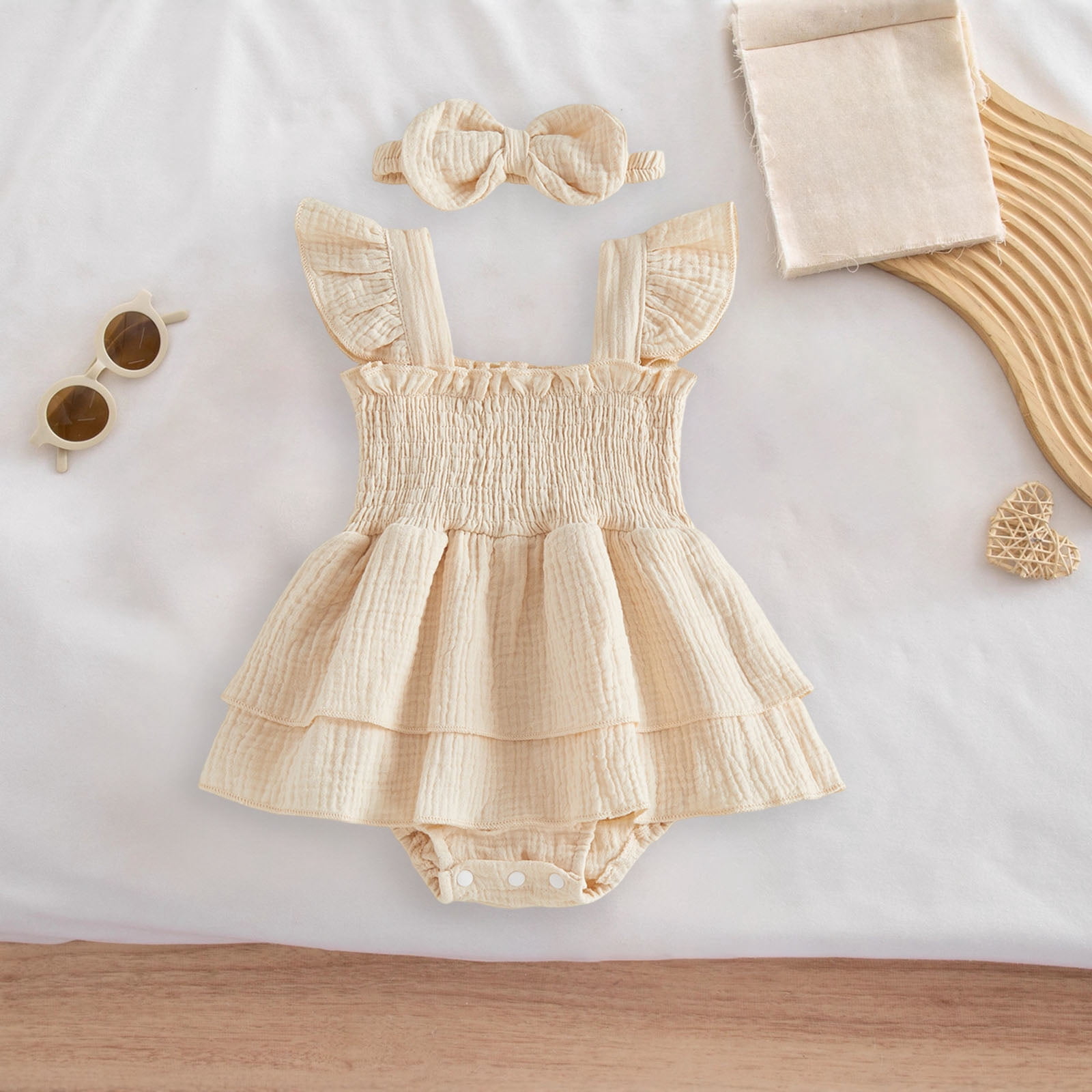 Gubotare Infant Girl Clothes Newborn Baby Girls Romper Short Sleeve Romper Playsuits Jumpsuit Infant Summer Clothes 0 3 6 9 12 18 24 Months (Beige,6-12 Months)