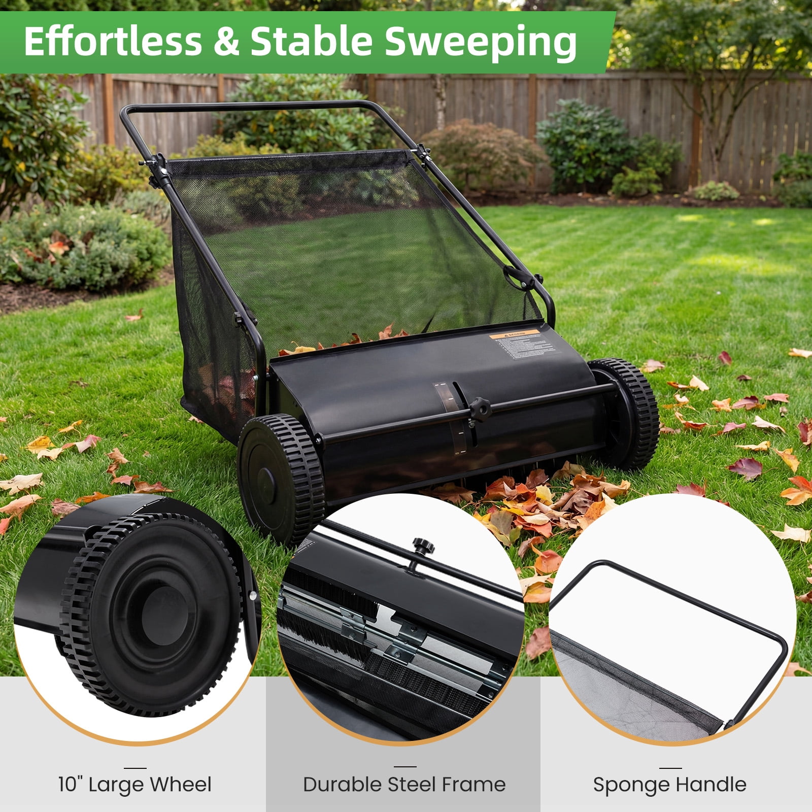 JFHID Push Lawn Sweeper,26 in Leaf & Grass Collector with 7 cu. ft.Hopper Bag Heavy Duty Yard Sweeper with 10" Rubber Wheels for Lawn