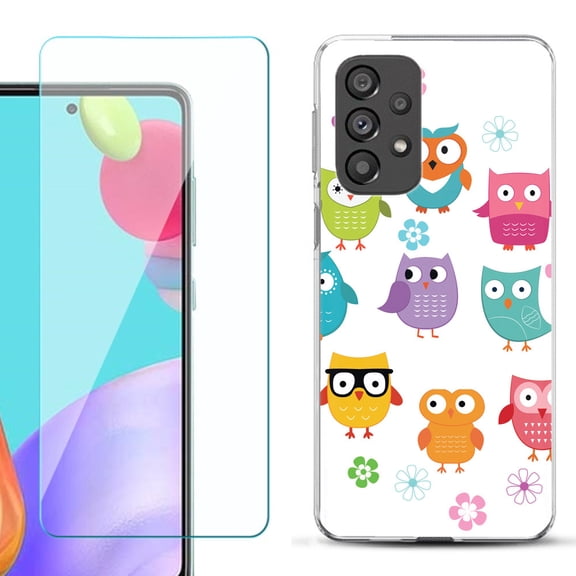 Slim-Fit Gel TPU Phone Case for Samsung Galaxy A33 5G, with Tempered Glass Screen Protector, by OneToughShield ® - Happy Owl