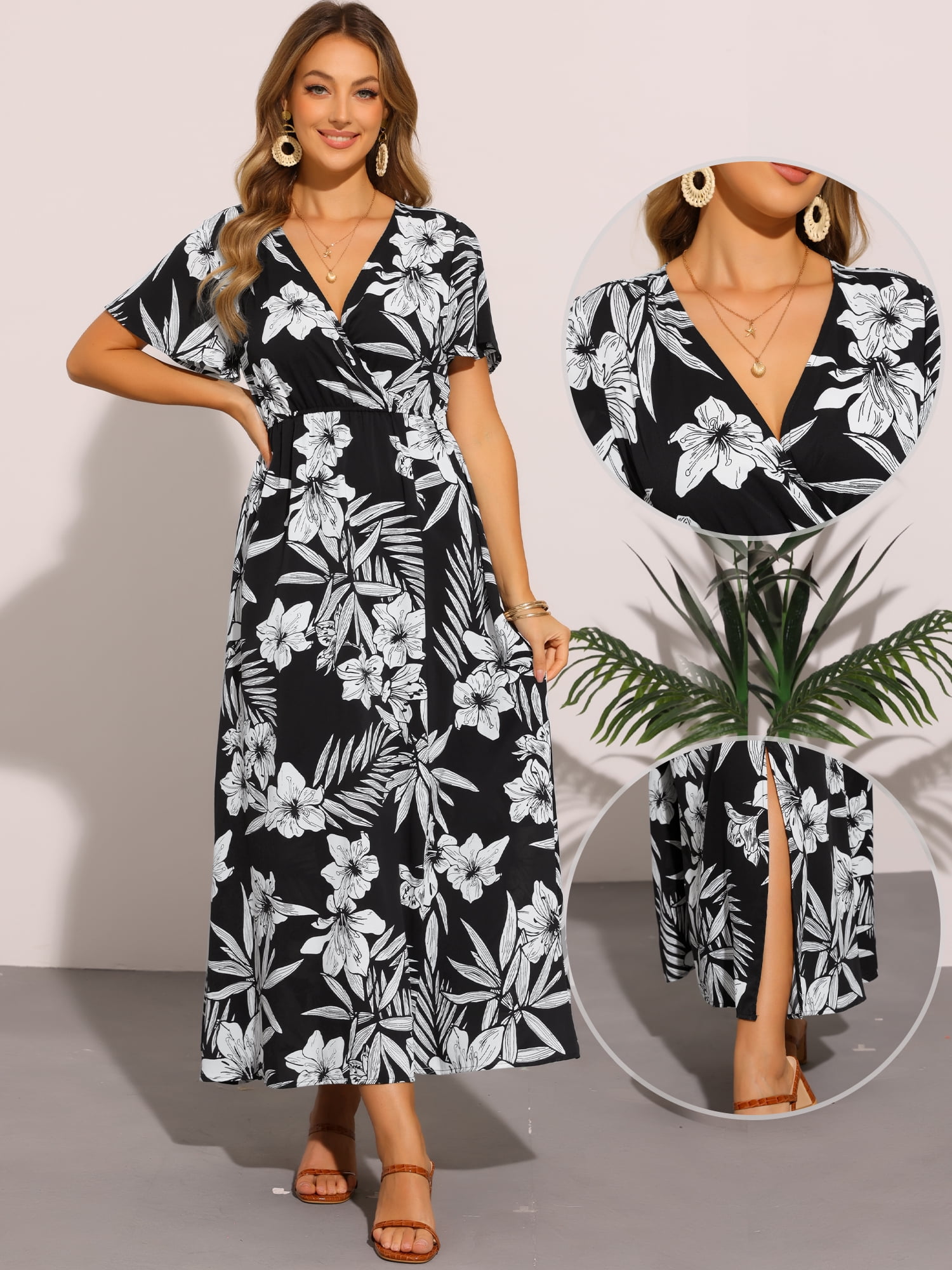 DARING DIVA Short Sleeve Tropical Slit Wrap V Neck Maxi Floral Dress XS Black