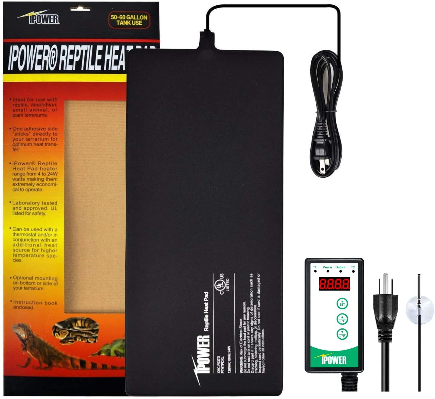 Multi Sizes iPower Reptile Heat Mat Under Tank Warmer 4W/8W/16W/24W Terrarium Heater Heating Pad with Temperature Adjustable Controller Knob Digital Thermometer and Hygrometerf or Amphibian 