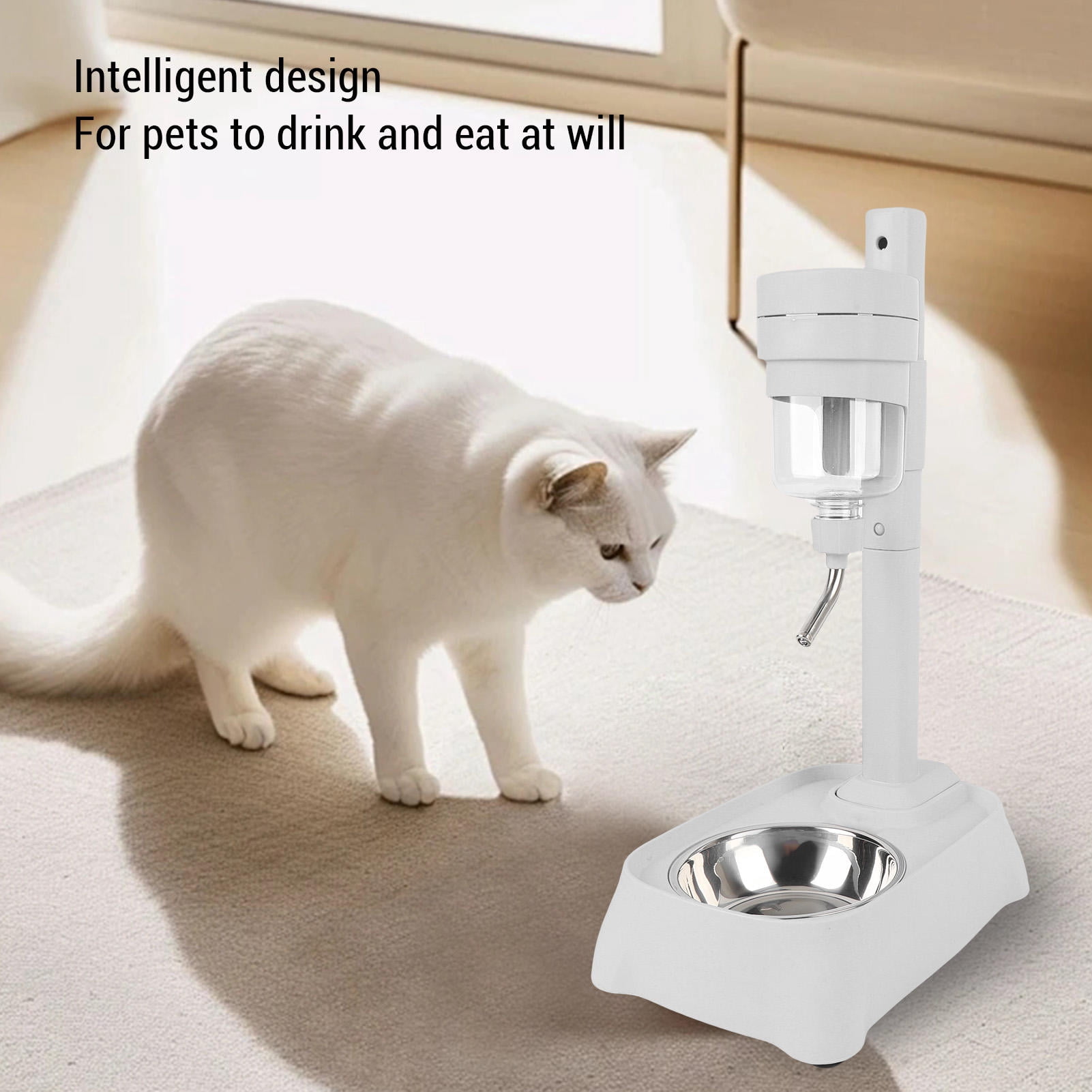 BOKYAN Adjustable Height Pet Standing Water Dispenser – 500 ml Stainless Steel Bowl, Automatic Cat & Dog Feeder, No‑Splash Design, Elegant Gray