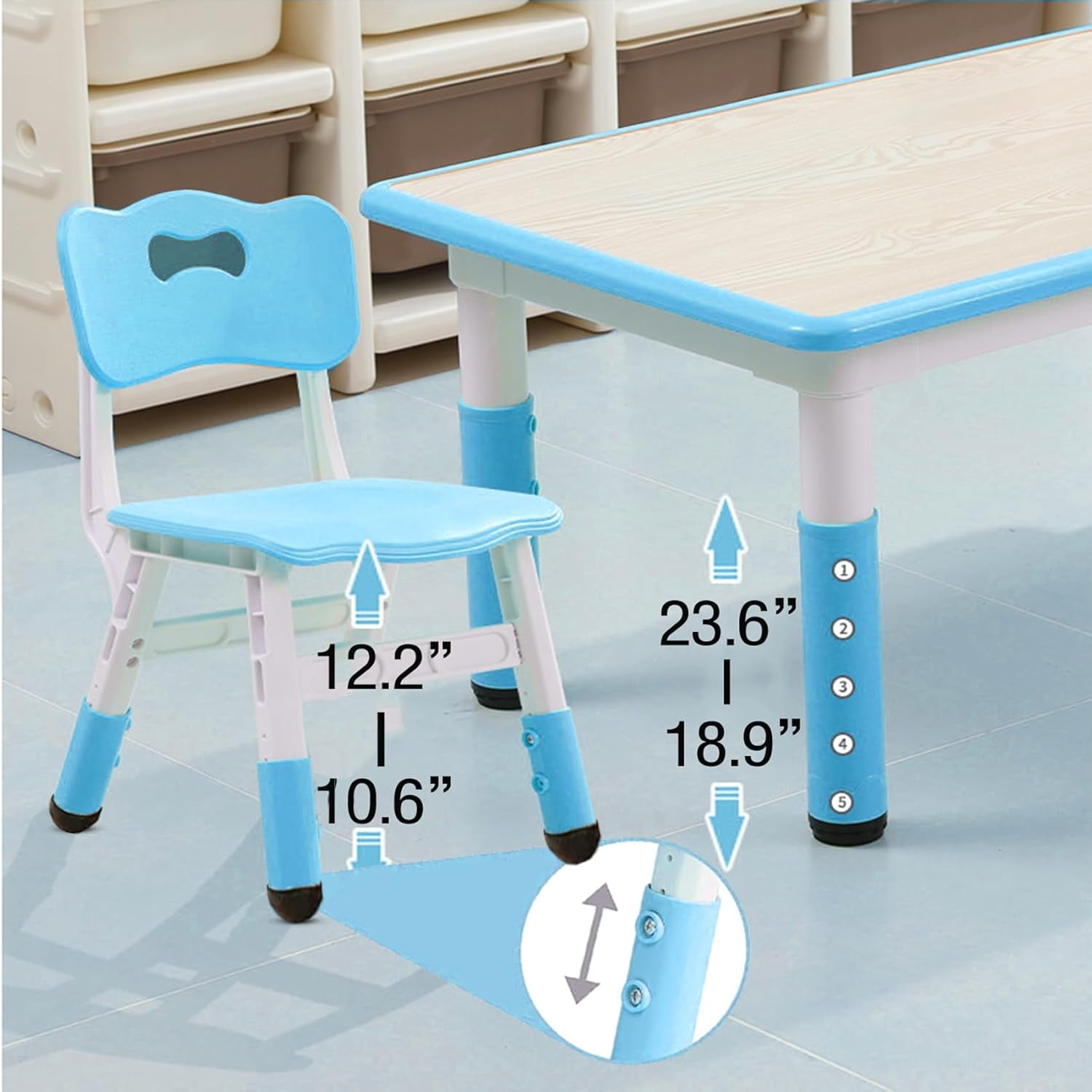 Historyli Kids Table and 6 Chairs Set, Height Adjustable with Graffiti Desktop and Non-Slip Legs, Max 300lbs Kids Activity Art Table for Ages 2-10,Blue