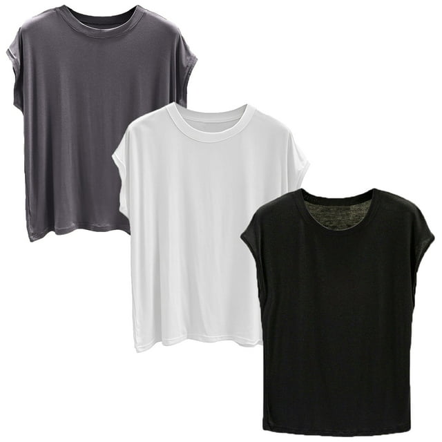 Yubnlvae 3-Pack Modal Basic Tees - Women's Soft Crew Neck Short Sleeve Shirts (Breathable Everyday Wear | Lightweight Comfort) (G | L)