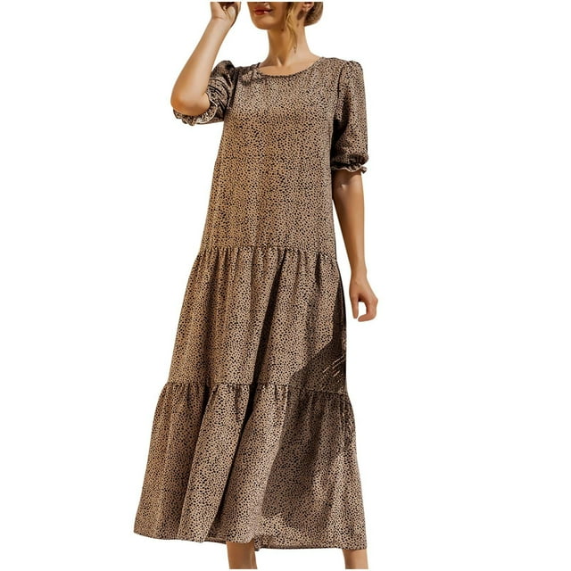 Vestido maxi informal de verano para mujer Vestido bohemio floral con cuello redondo Puff Manga corta Vestido de playa con gradas Vestido largo con vuelo Fridja yut386