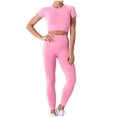 thumbnail image 2 of SELONE Workout Sets for Women 2 Piece Active Solid Outfits Leggings Short Sleeve Crewneck Basic Tops Summer Knitted Soft Sets Hot Pink S, 2 of 7