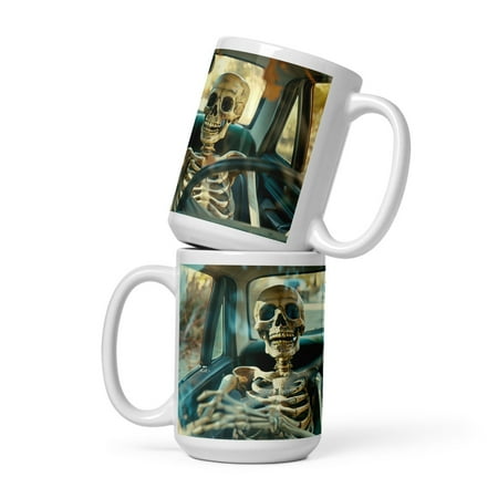 

WAITING IN TRAFFIC - FUNNY SKELETONS - White glossy mug (15 oz)