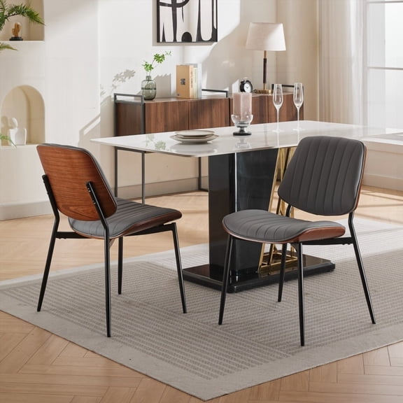 Mid Century Modern Dining Chairs Set of 2 - Walnut Bentwood & Gray PU - Kitchen/Dining Room Chairs