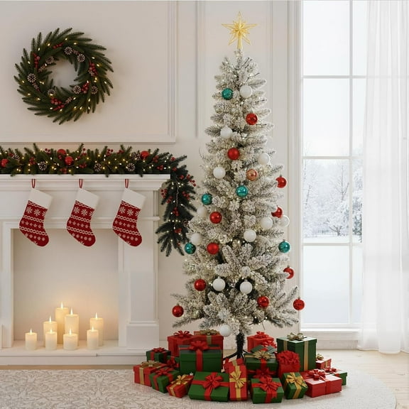 4.5ft Christmas Tree, Pre-lit Artificial Spruce Christmas Pencil Trees with Led Light, Snow Flocked, Hinged Spruce Xmas Tree for Home, Office, Party