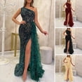thumbnail image 2 of Quixlent Women Evening Dress One Shoulder Sleeveless Shiny Sequin Padded Feather Decor High Split Solid Color Slim Fit Tight High Waist Floor Length Prom Party Banquet Lady Gown Maxi Dress, 2 of 8