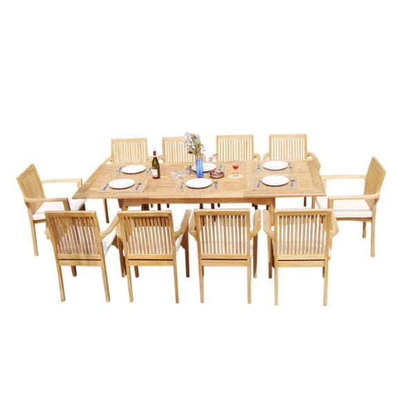Grade-A Teak Dining Set: 10 Seater 11 Pc: 94" Rectangle Table And 10 Lua Stacking Arm Chairs Outdoor Patio WholesaleTeak #51LU2011