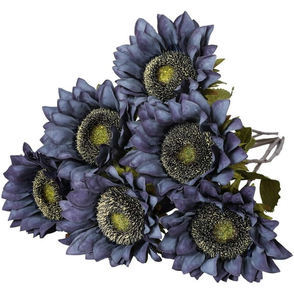 Sunflowers Artificial Flowers 6PCS Long Stem Silk Fall Flowers Realistic Fake Sunflowers Bouquets for Wedding Centerpieces Office Home Garden Halloween Decor(Navy Blue)