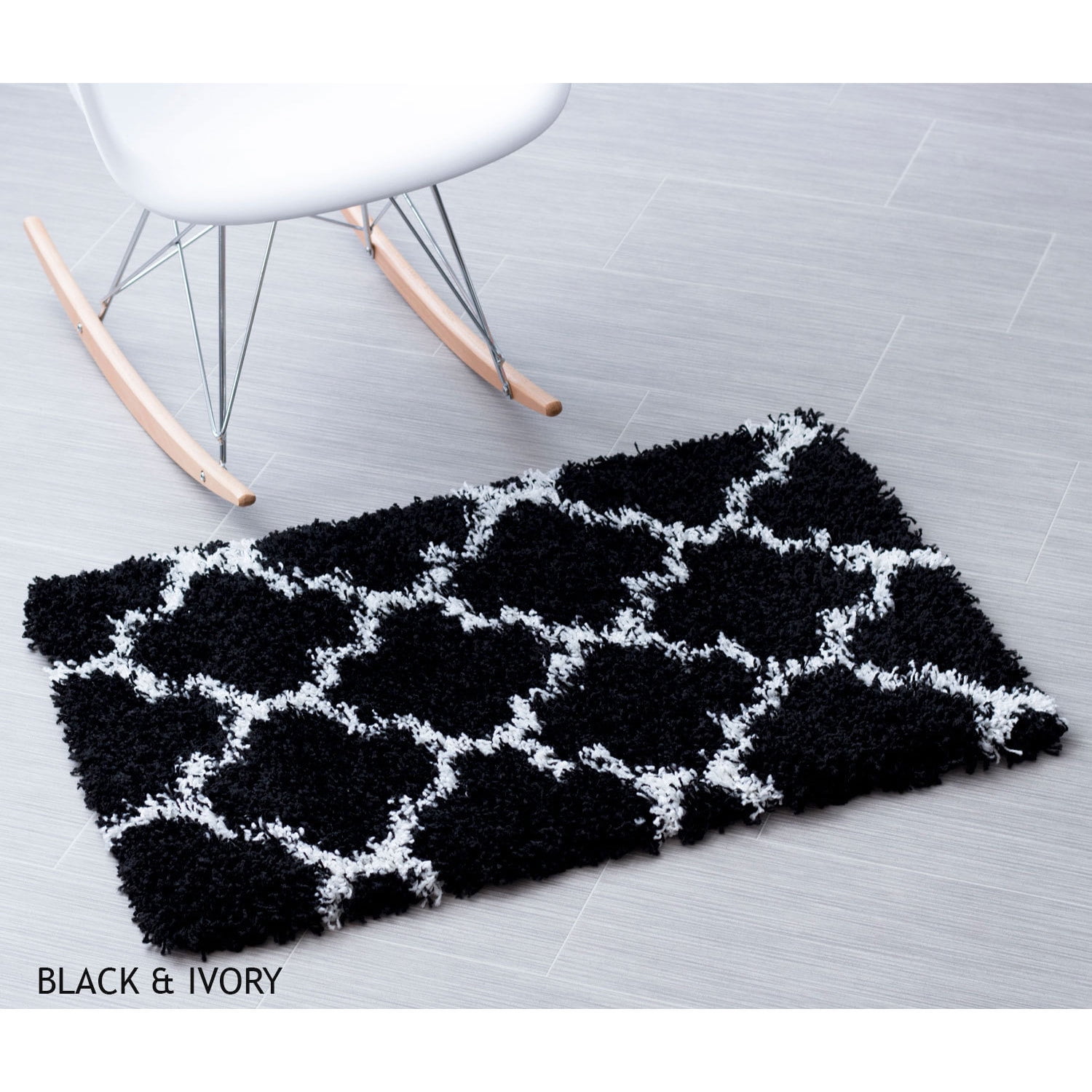 Super Area Rugs, Cozy Plush Black & White Trellis Shag Rug, 2' x 3