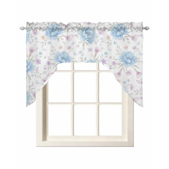 Pink Blue Flower Swag Valances for Windows, Small Curtains Drapes, Spring Watercolor Floral Plant Textured Kitchen Window Curtains Over Sink Window Treatment Valance for Bedroom/Bathroom 56"x36"