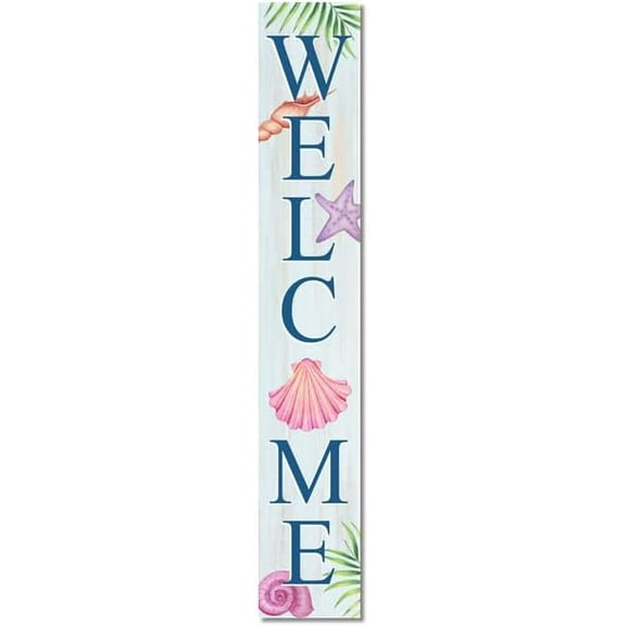 Retro Primitive Decor Welcome Starfish & Shells Porch Sign Welcome Porch Sign Blue Summer Decorations for Front Door Farmhouse Porch Yard Deck Patio Farmhouse Home Decor Wood Sign 4x16 Inch