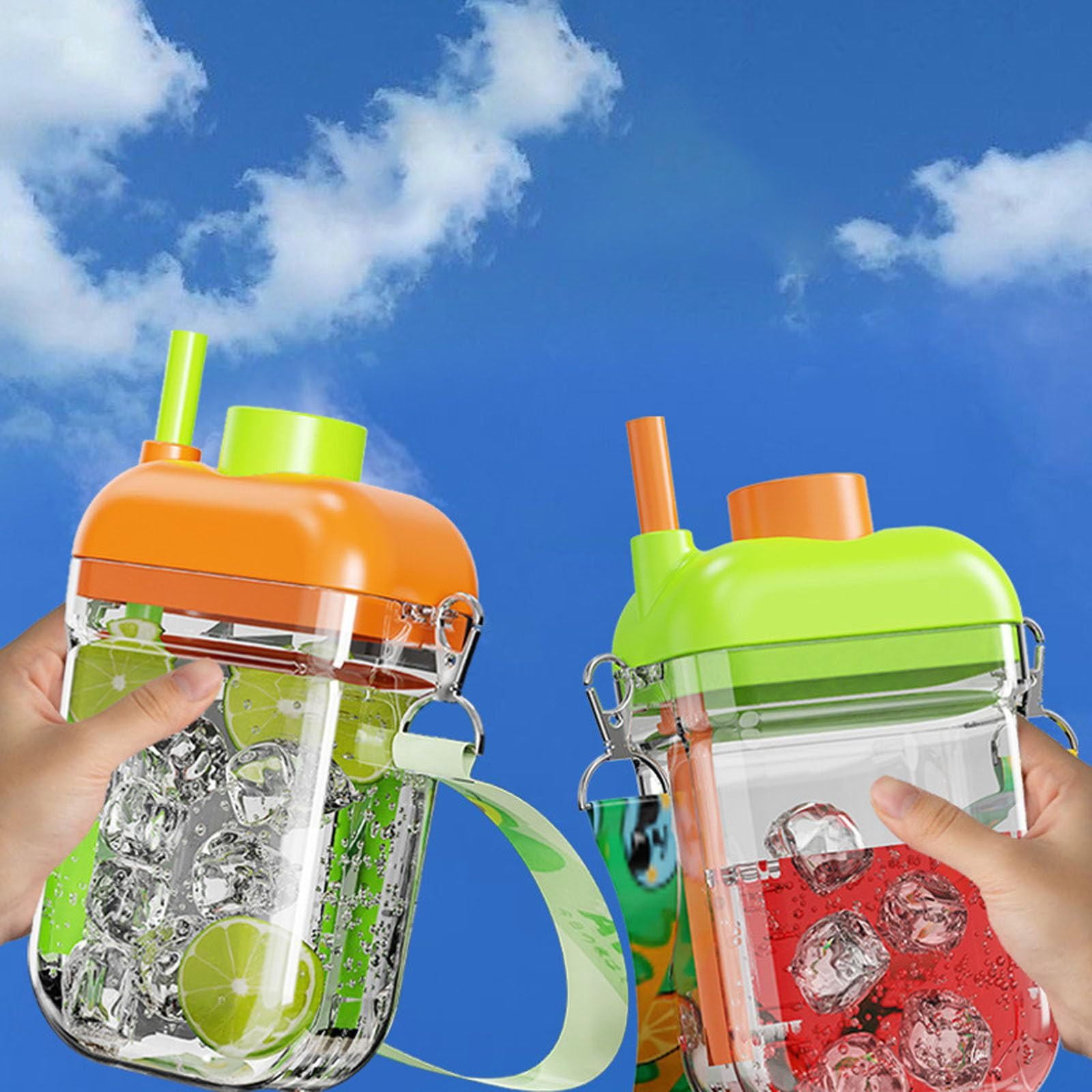 2 In 1 Ice Cube Bottle, Reusable Ice Bottle with Straw, Portable Ice Maker Bottle, Touch Free Ice Cube Tray, Press Release Ice Mold, Leakproof Ice Container for Travel Picnic Beverage Chilling