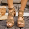 thumbnail image 2 of Rokment Women's Platform Chunky Block High Heels Dressy Sandals 2026 Trendy Casual Leather Square Toe Ankle Strap Heeled Strappy Summer Shoes with Back Zipper Brown Size 6.5, 2 of 5